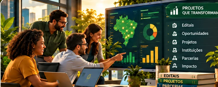 Equipe analisando editais, parcerias e indicadores de projetos em um painel digital