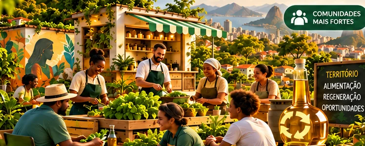 Pessoas em uma cozinha comunitária e horta urbana conectadas ao território